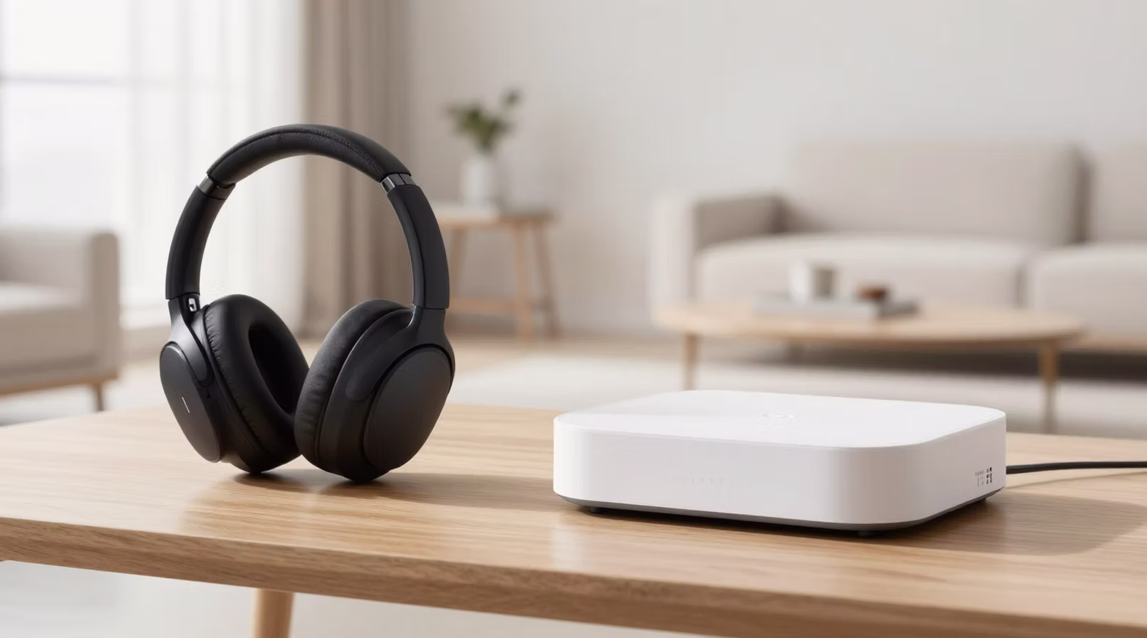 Headphones and a smart home hub on a wooden table in a living room